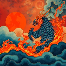 a beautiful painting kappa of fire, by ukiyo - e award - winning art color screen printing
