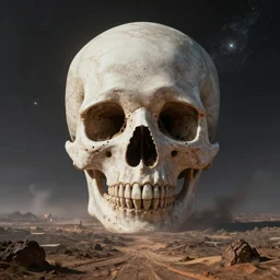 a skull planet in the universe, hyperrealistic, concept art, epic image, path traced, breathtaking landscape, high coherence, 8 k, dramatic lighting, cinematic, trending on artstation, high quality, highly detailed, symmetrical, high contrast
