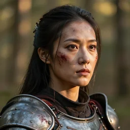 head and shoulders portrait of a female knight, tribal armor, smudged face, light blood spatter, detailed face, photography by jimmy nelson, golden hour, forest