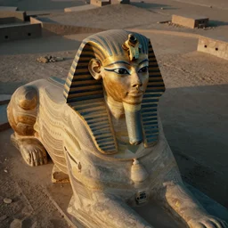 an scene of a beautiful intricate sphynx of egypt, cinematic lighting, bird's - eye view
