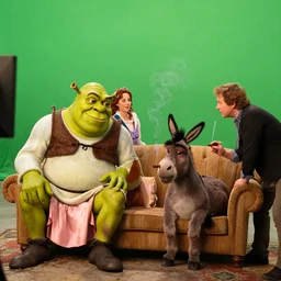 behind the scenes photo of shrek, princess fiona and donkey taking a break in - between filming scenes. movie soundstage. green screen. director andrew adamson reviewing footage. donkey sitting on sofa smoking a cigar.