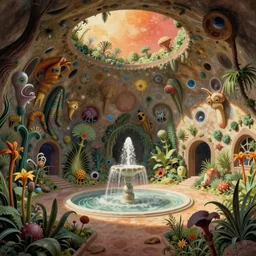 interior view asimov mars habitat flora fauna fountain illustrated by moebius