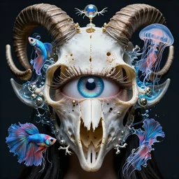 horizontally symmetrical!! eye of goddess macro close - up portrait with mask made of ram phoenix skull. betta fish, jellyfish, plasma, water, wind, creature, super intricate ornaments artwork by tooth wu and wlop and beeple and greg rutkowski
