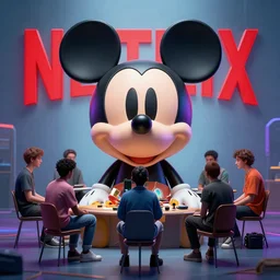 group of people sitting around the 3 d head of mickey mouse, netflix logo on the background, by beeple, cyberpunk art, repairing, tranding on artstation, cgsociety, dystopian art, masterpiece, octan render
