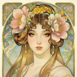 a highly detailed floral hair portrait of beauty girl, by james jean, art nouveau