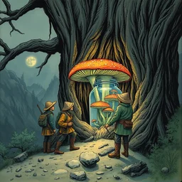 four adventurers find a jar of magic mushrooms hidden away in a dead tree, a detailed illustration by beksinkski