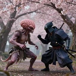 furry alien brainsucker fights with cyberpunk samurais, sakura bloomimg, by rene magritte and katsuya terada, rococo, trending on artstation, cinematic lighting, hyper realism, octane render, 8 k, hyper detailed.