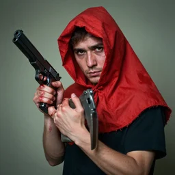 man wearing a red sack over his head holding a gun, bloody, looking at the camera, photograph, amateur