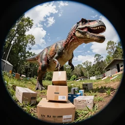 fisheye view of a dinosaur stealing packages