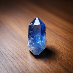 blue crystal placed on beautiful wood, photoshoot, ambient lighting, high detail, 4 k,