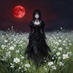 bloodborne huntress, field of white flowers, red moon, romantic paint style