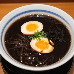 dslr food photograph of tankatsu black ramen with a soft boiled egg, 8 5 mm f 1. 8