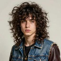 Portrait of a pretty punk rock young man with messy very long curly dark brown hair and a denim vest over a leather Jacket, painted by William Blake Richmond and jeff jordan, elegant, highly detailed, digital painting, artstation, concept art,