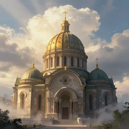 view from the front of a byzantine church illuminated by morning light, cinematic, wide angle, art by moebius, artstation trending, gorgeous clouds, god rays, fantasy art, octane render, ureal engine, japanese animation, mist, hyperdetailed.