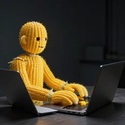 a man made of corn typing away on his laptop, dark room