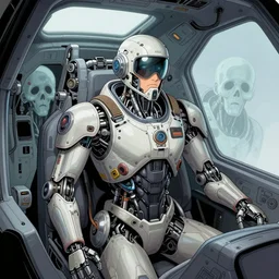 comic book illustration, a cyborg pilot in the cockpit of a battle droid, intricate machinery, biomechanics, the ghosts in the machine, cyberpunk concept art by artgerm and Guy Denning and Moebius and Alphonse Mucha, highly detailed, intricate, sci-fi, sharp focus, Trending on Artstation HQ, deviantart