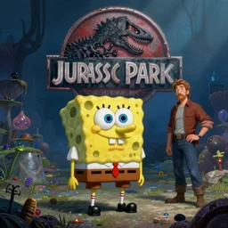 concept art painting of spongebob in jurassic park, by james gurney and greg rutkowski