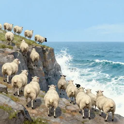 forty five white sheep facing away are falling like lemmings down cliff to the jagged rocks at sea level and facing the crashing white waves, there is one single eye catching black sheep going against the crowd, blue skies, old colored sketching, cliff panoramic shot