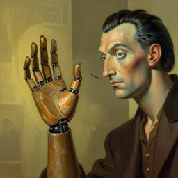 a inspecting a beautifully handmade robot hand in the year 2 0 3 0 in the style of wayne barlowe, gaudi, dali, frazetta