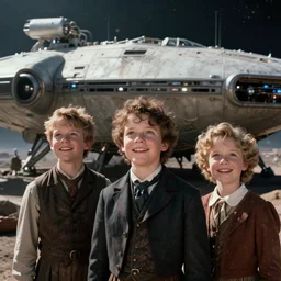 extremely sharply detailed, from blockbuster sci fi 4 k color movie freeze frame, set in 1 8 6 0, family standing in front of a crashed spaceship, on alien planet, looking happy, wearing 1 8 5 0 s era clothes, atmospheric lighting, in focus, reflective eyes, 3 5 mm macro lens, live action, nice composition, good photography, clear facial details
