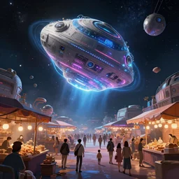 large teleporter in space inside a bustling space market, concept art, digital art, illustration, sharp focus, octane render, trending on artstation