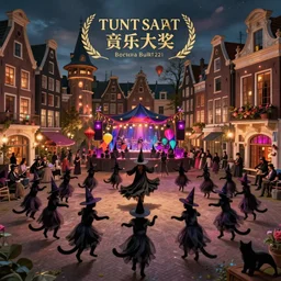 A bustling magical town with witches and black cats dancing around a colorful music festival in its center, inspired by Victorian England and Amsterdam