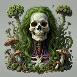 a beautiful detailed rococo photo of a rotten woman corpse becoming almost a skull with face muscles, veins, arteries, fractal plants and fractal flowers and mushrooms growing around, intricate, ornate, volumetric light, beautiful lit, beetlejuice