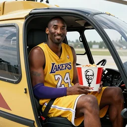 A photo of Kobe Bryant sitting in a helicopter cockpit and a KFC bucket, hyper detailed, 8k resolution