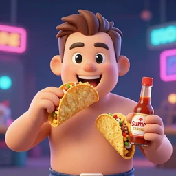 sumo wrestler eating crunchy classic taco, holding hot sauce, portrait, bokeh background, neon lights, city background, high definition, borders, illustration, by jean baptise, muted colors, retro
