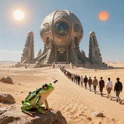 a huge monolithic alien structure in the desert, a large line of people are walking toward it, single file, in the foreground on a rock an alien frog is catching a fly with its tongue, two suns are in the sky, clear skies, volumetric light, hyperdetailed, artstation, cgsociety, 8k