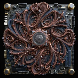 fractal motherboard, greg rutkowski, esuthio, craig mullinshyper, scifi, symmetry fractal, octane render, detailed realistic 8 k,