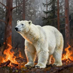 polar bear without skin behind a forest fire, painting, 4k