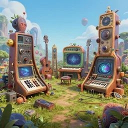 strange surrealist detailed alien electronic-musical-instruments!! in a bryce 3d surrealist landscape biome designed by john howe and pixar, detailed, photorealistic, 8k, hd