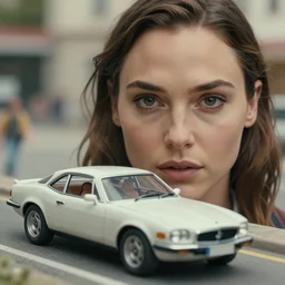 beautiful hyperrealism three point perspective film still of gal gadot car chase in ronin, extreme closeup portrait in style of frontiers in porcelain miniature photography fashion edition, miniature porcelain portrait, eye contact, tilt shift style scene background, soft lighting, kodak portra 4 0 0, 8 k, macro, cinematic style by emmanuel lubezki