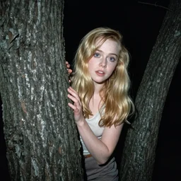 a grainy creepy photo found footage of Elle Fanning caught creeping up on behind a tree in the night and staring at the camera, flash photography, in the 1980's