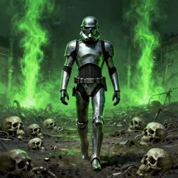 horror art, metalhead trooper walks in a plain of bones, acid green geysers in the background, art by ismail inceoglu
