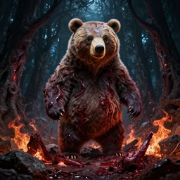 high resolution 4 k goru, blood, furry bears horror made in abyss design bizarre design body a field of cool colors shading war bloody war wounded the country bears rock afire explosion billy bob dark forest fractal light through canopy made in abyss body horror narhate bears fluffy cute deformed black sky ziricote ivory brazilian rosewoodart in the style of akihito tsukushi