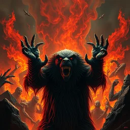 extremely scary horror portrait of elmo with his hands raised in front of massive endless apocalyptic flames, epic fantasy art by michael whelan