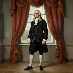 museum painting, wide - shot, photo of tall pale young man, mouse blonde hair, long, shoulder - length!!, dressed in 1 8 th century, black clothes, white clothes, gloves, background the portiere, rich curtain!!! on a window, sharp focus, highly detailed, digital art, oil painting, masterpiece, artgerm, rutkowski, mucha, ley