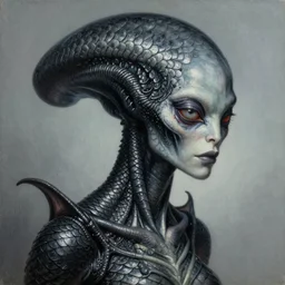 ultra realist soft painting of a single attractive alien female, black scales, very intricate details, artstyle Zdzisław Beksiński, award winning