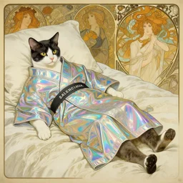 an art nouveau realistic illustration of a cat lying on her bed wearing an holographic kimono designed by balenciaga by john berkey by stanley artgerm lau, greg rutkowski, thomas kinkade, alphonse mucha, loish, norman rockwell