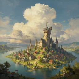 A beautiful painting of a small fantasy village near a lake, cumulus clouds, dramatic composition, cinematic, concept art, golden ratio, matte painting, Marc Simonetti, Sergey Vasnev, Anato Finnstark, artstation, 8k, high resolution