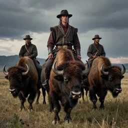incredible strange evocative artwork of buffalo hunters, buffalo midnight, l in the style of tim walker fashion photography, legend of buffalo hunters