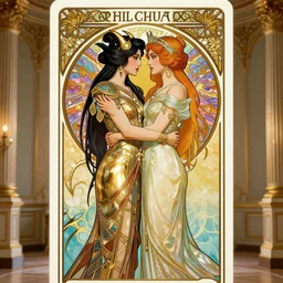 elden ring empress demon and princess embracing each other, innovative avant - garde art, deco fashion, asian women, photorealistic portrait, vaporwave, crisp quality and light reflections, inside a rococo room, transcendent, vibrant color, clean linework, finely detailed, tarot card with ornate border frame, by artgerm, alphonse mucha, 4 k, trending on artstation, volumetric lighting, octane render