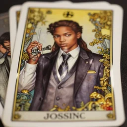 jossi of blackpink, wearing a suit and tie, tarot card, deep focus d & d, fantasy, intricate, elegant, artstation, highly detailed, digital painting, smooth, sharp focus, illustration, ultra realistic, 8 k, matte, art by artgerm and and greg rutkowski alphonse mucha