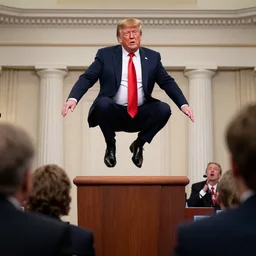 donald trump levitating in the air with his feet dangling and people look in surprise at a press conference photograph f 2. 8 3 5 mm