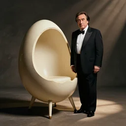 danny devito standing next to a chair shaped like an egg