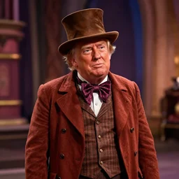 donald trump as an oompa loompa, still from film willy wonka and the chocolate factory 1 9 7 1