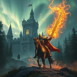 knight with armor lightnings fire elemental hyperrealism, cavalry wielding a greatsword of fire with electricity elemental, standing in frontal of a castle, castle realistic, big forest world fantasy hyperrealism, sky northern lights, hyperrealism by greg rutkowski