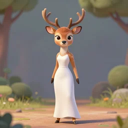 portrait, 3 d render, anthropomorphic female deer, wearing along white dress, in the style of zootopia,